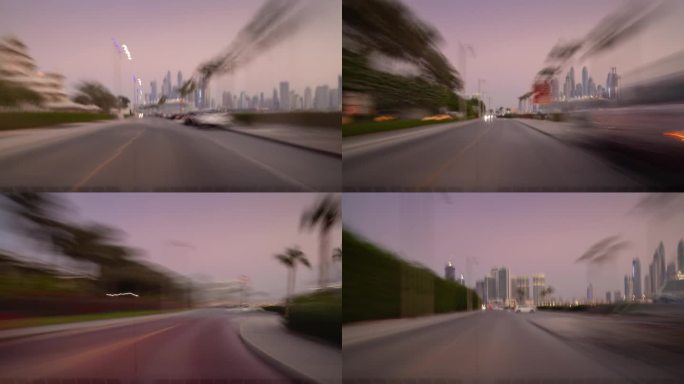 日落时间迪拜市著名的棕榈岛湾交通街道公路旅行前全景4k延时阿联酋
