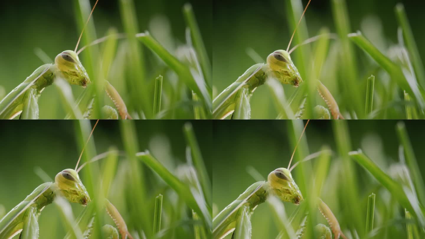 绿色的螳螂在草丛中与环境融为一体
