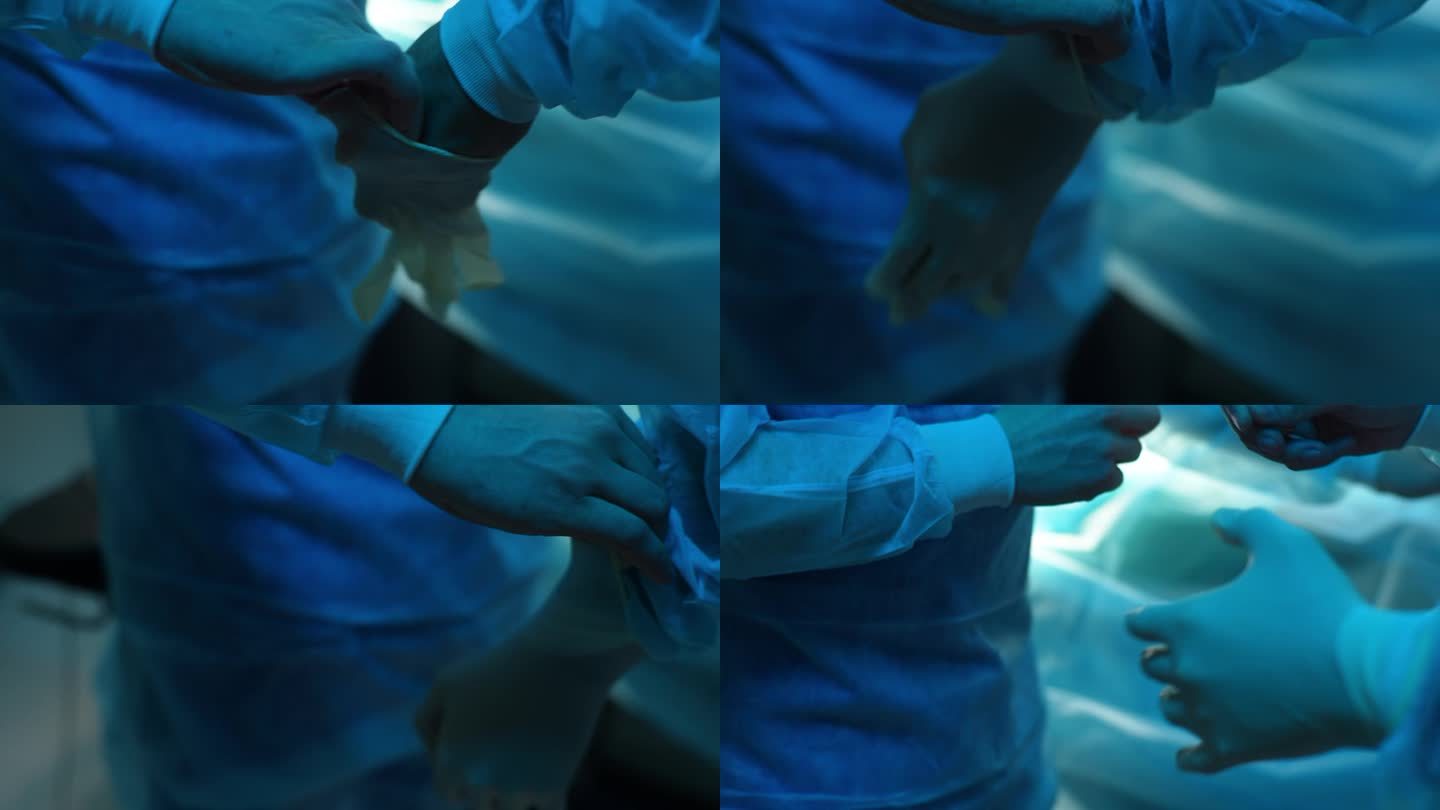 一组无法辨认的医生正在为手术做准备的特写镜头。护士助理帮助外科医生戴上白手套的特写镜头。