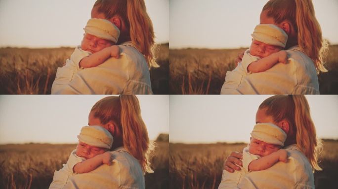 阳光明媚的日子里，母亲抱着可爱的婴儿在麦田里的侧视图