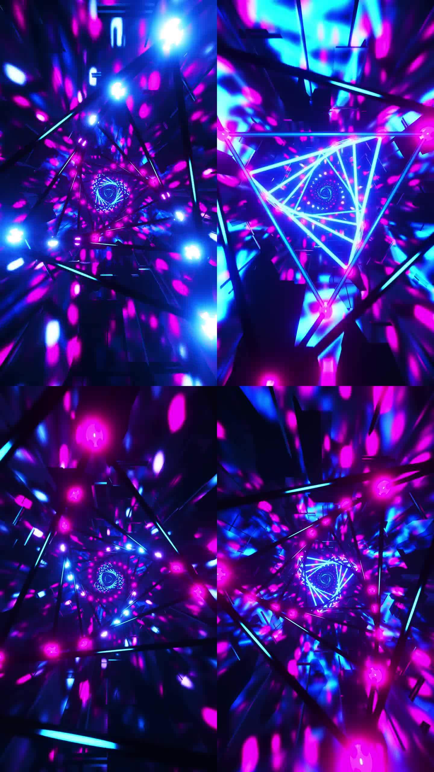 霓虹灯隧道飞行通过鲜艳的色彩。垂直循环动画