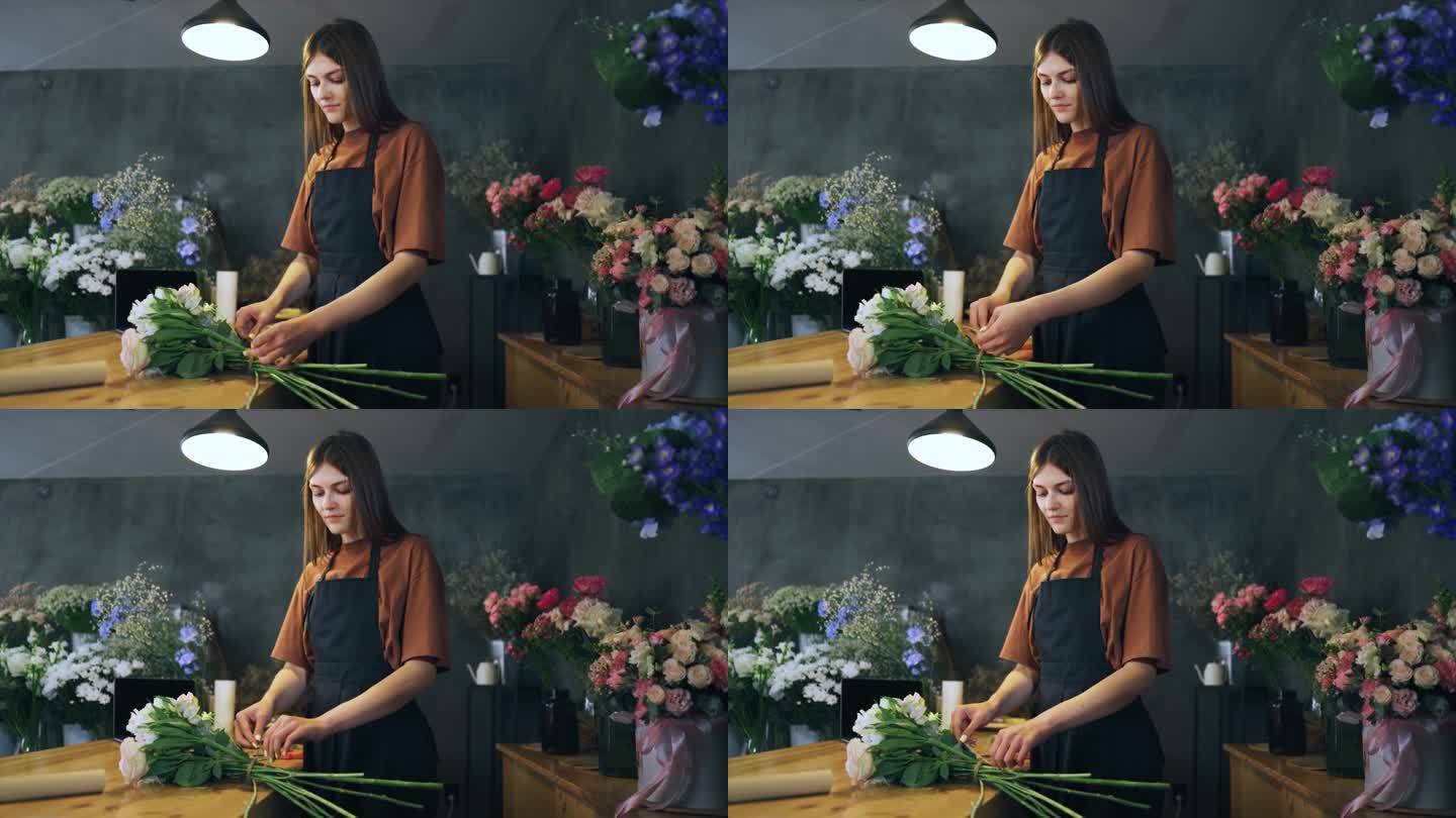 一个花店为她店里的活动安排了令人惊叹的植物。这个女孩满怀爱意地把鲜花捆在一起，用充满春天气息的鲜花让