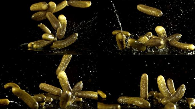 酸黄瓜溅到地上。用高速摄像机拍摄，每秒1000帧。