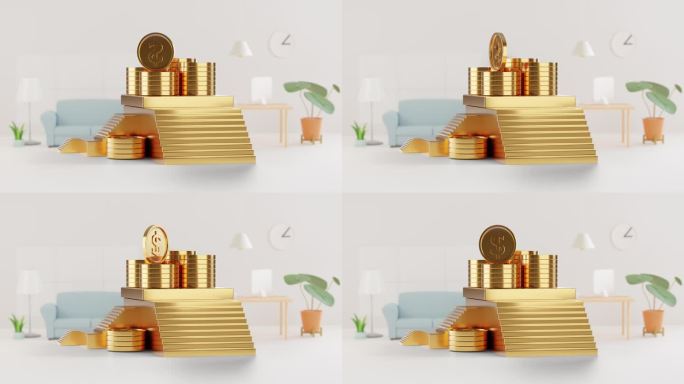 办公室背景上的3d动画卡通金币钱模型讲台。