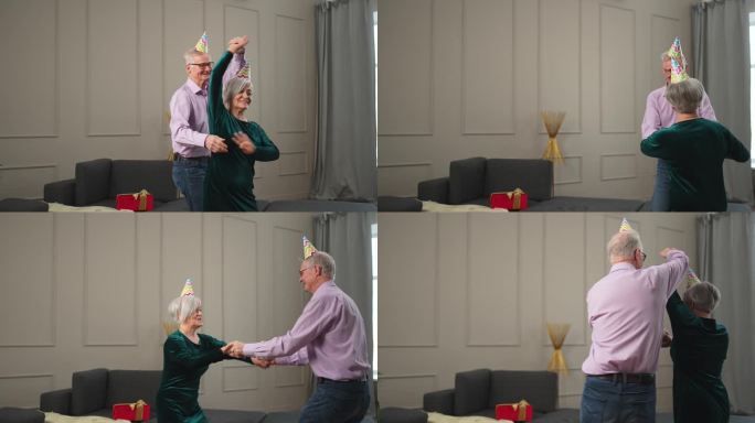 浪漫的老年夫妇戴着派对帽庆祝生日纪念日，一起在家里随着音乐跳舞。幸福的家庭，退休的男人，女人，丈夫，