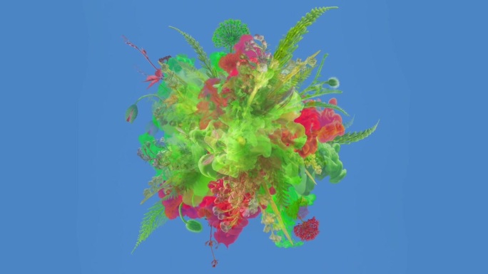 抽象爆炸与花和绿色植物的油漆