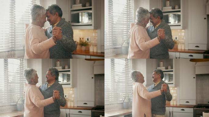 退休，家庭和老年夫妇在家里跳舞和爱，厨房或客厅照顾和支持在一起。幸福，老人与自由共舞，婚姻和平幸福