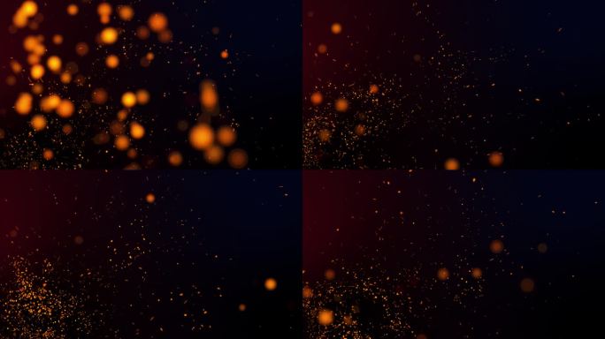 发光的橙色逼真的火焰火花飞在黑色的夜空。以火风暴为主题的抽象背景，燃烧的地狱和火。热粒子在黑暗中旋转