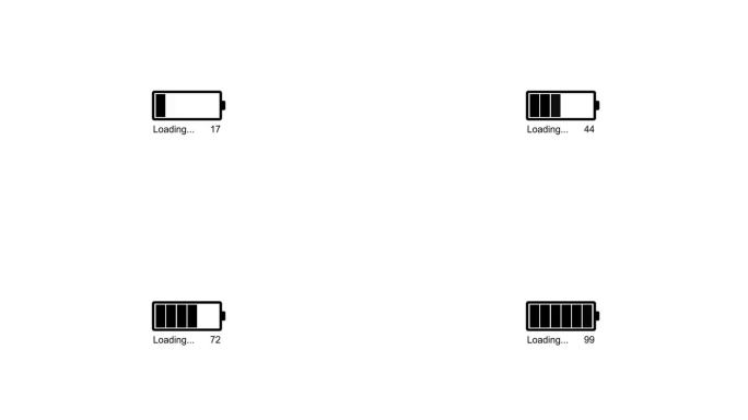 装载机动画。4 k决议。黑色电池指示加载动画隔离在白色背景。加载条为百分之百