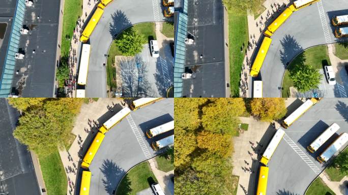 美国学生放学后走向公共汽车的鸟瞰图。秋天的黄色校车。