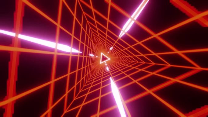 无缝循环复古80年代动画三角形网格合成波隧道。音乐视频的背景。视频游戏。旧的风格。红橙复古未来的80