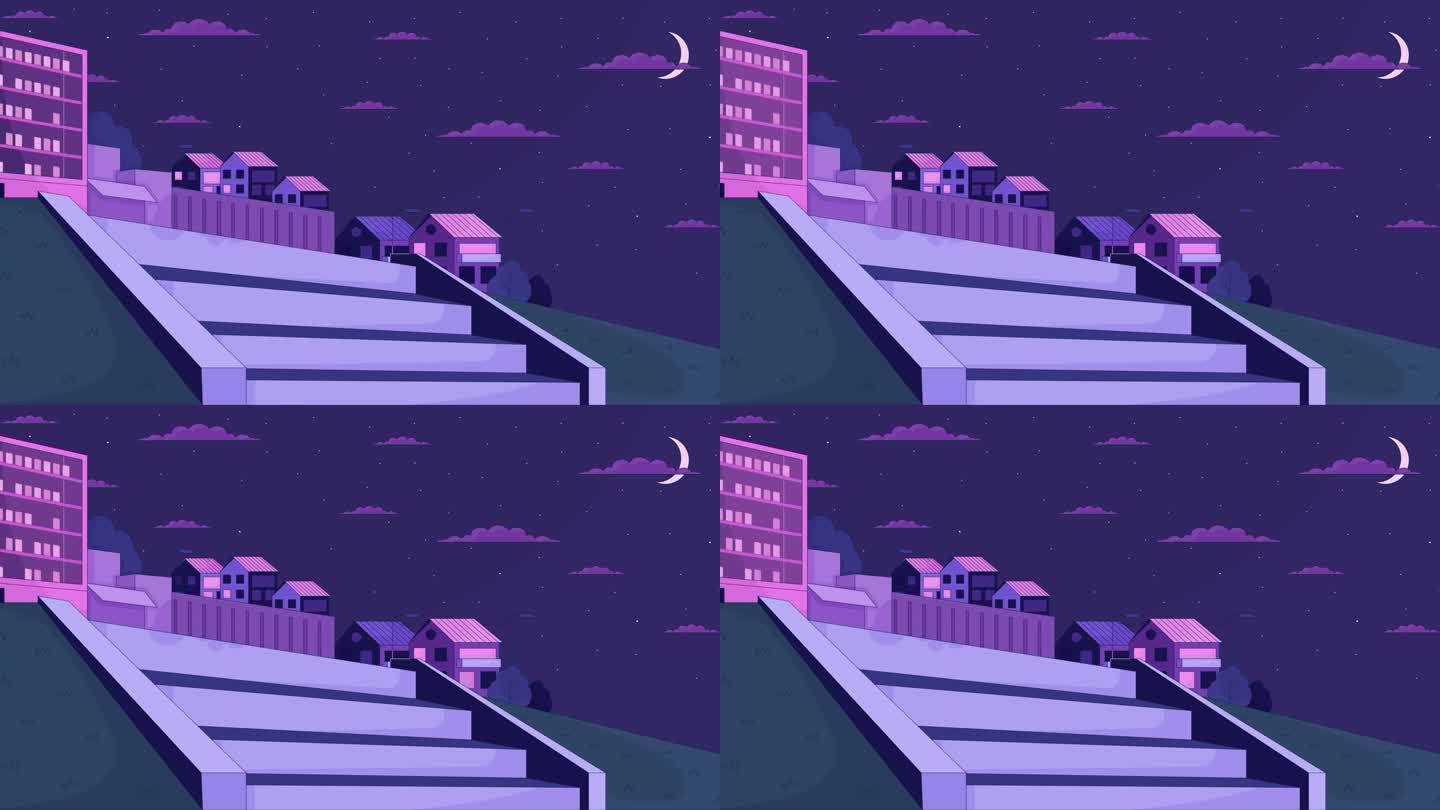 山坡楼梯，市景窗户，闪烁的卡通动画