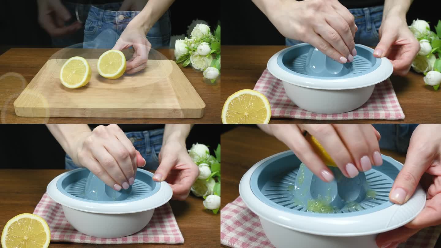 女人手里捏着柠檬，又捏又榨