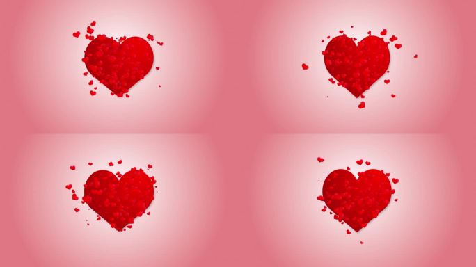 红色背景上的红色跳动的心脏符号。小红心的运动。动画浪漫背景。