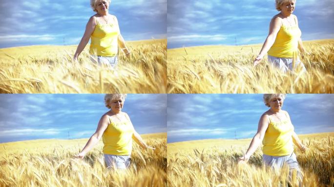 品味夏天的恩惠:一个女人走过阳光普照的麦田，庆祝丰收