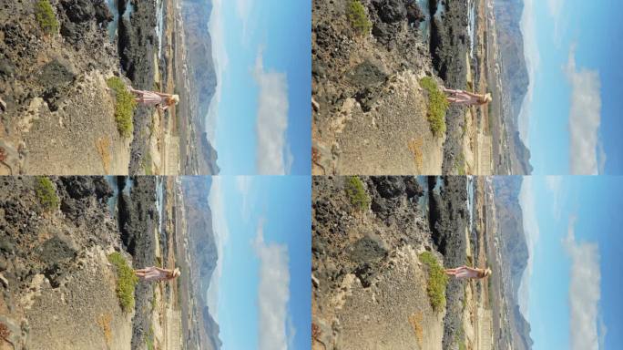 身穿夏装的女子站在特内里费岛的悬崖边，垂直的背影