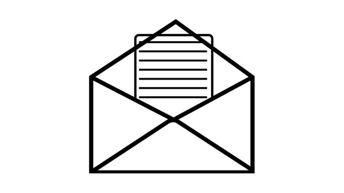 打开信封，信突出孤立的动画在白色背景上。