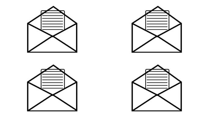 打开信封，信突出孤立的动画在白色背景上。
