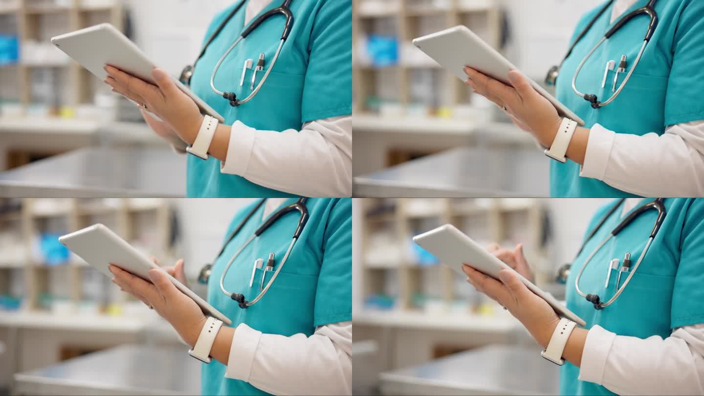 手、护士和妇女带着平板电脑在医院或诊所进行研究、联网或远程保健。医疗保健，专业或专家触摸屏医疗，规划