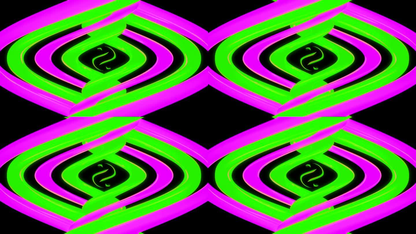 抽象的绿色粉色球形物体周围有波纹。设计。具有催眠效果的旋转彩色背景