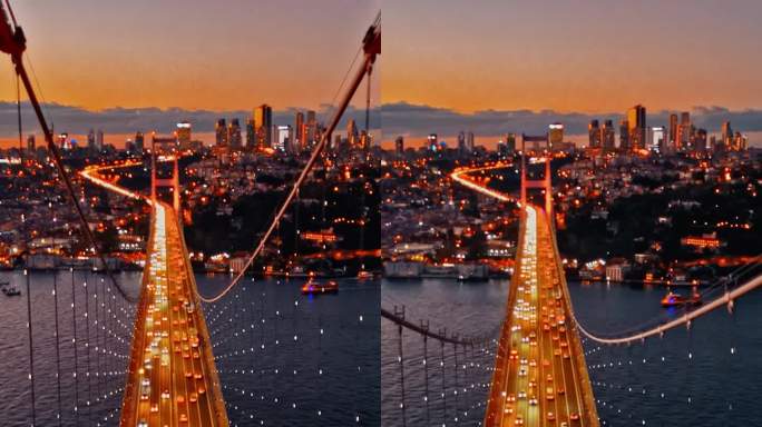 航拍博斯普鲁斯大桥和金融区:航拍7月15日烈士大桥和伊斯坦布尔欧洲一侧的黄金时刻，#TemmuzŞe
