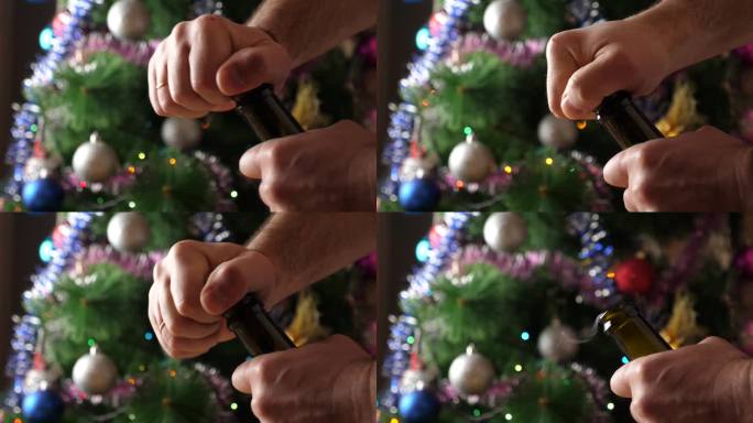 在装饰着闪闪发光的花环的圣诞树的背景下，一瓶香槟正在被打开。