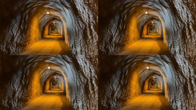 山上有一条石崖隧道。洞穴隧道灯光和凹凸不平的墙壁。高品质4k画面