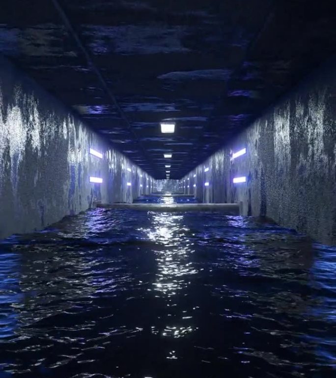 交通通过混凝土墙，霓虹灯和黑暗的水隧道