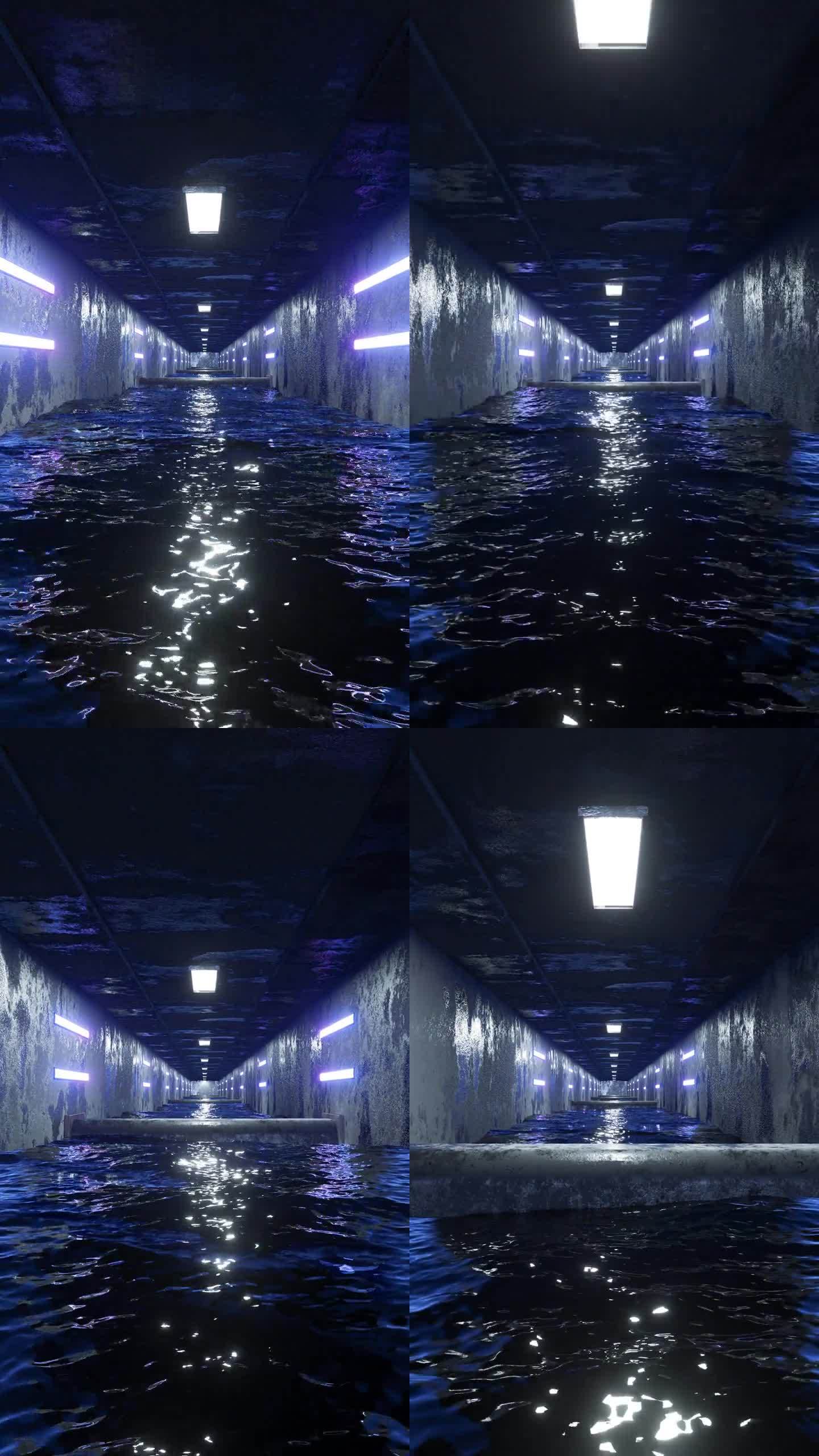 交通通过混凝土墙，霓虹灯和黑暗的水隧道