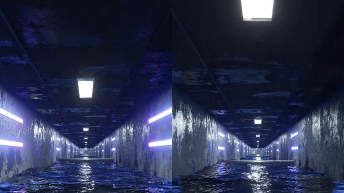 交通通过混凝土墙，霓虹灯和黑暗的水隧道