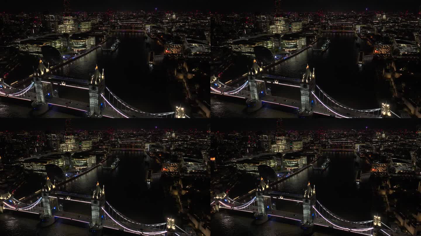 灯火通明的伦敦塔桥鸟瞰图，伦敦塔桥夜景，泰晤士河碎片河和伦敦市中心，伦敦塔桥夜景，伦敦塔桥和泰晤士河