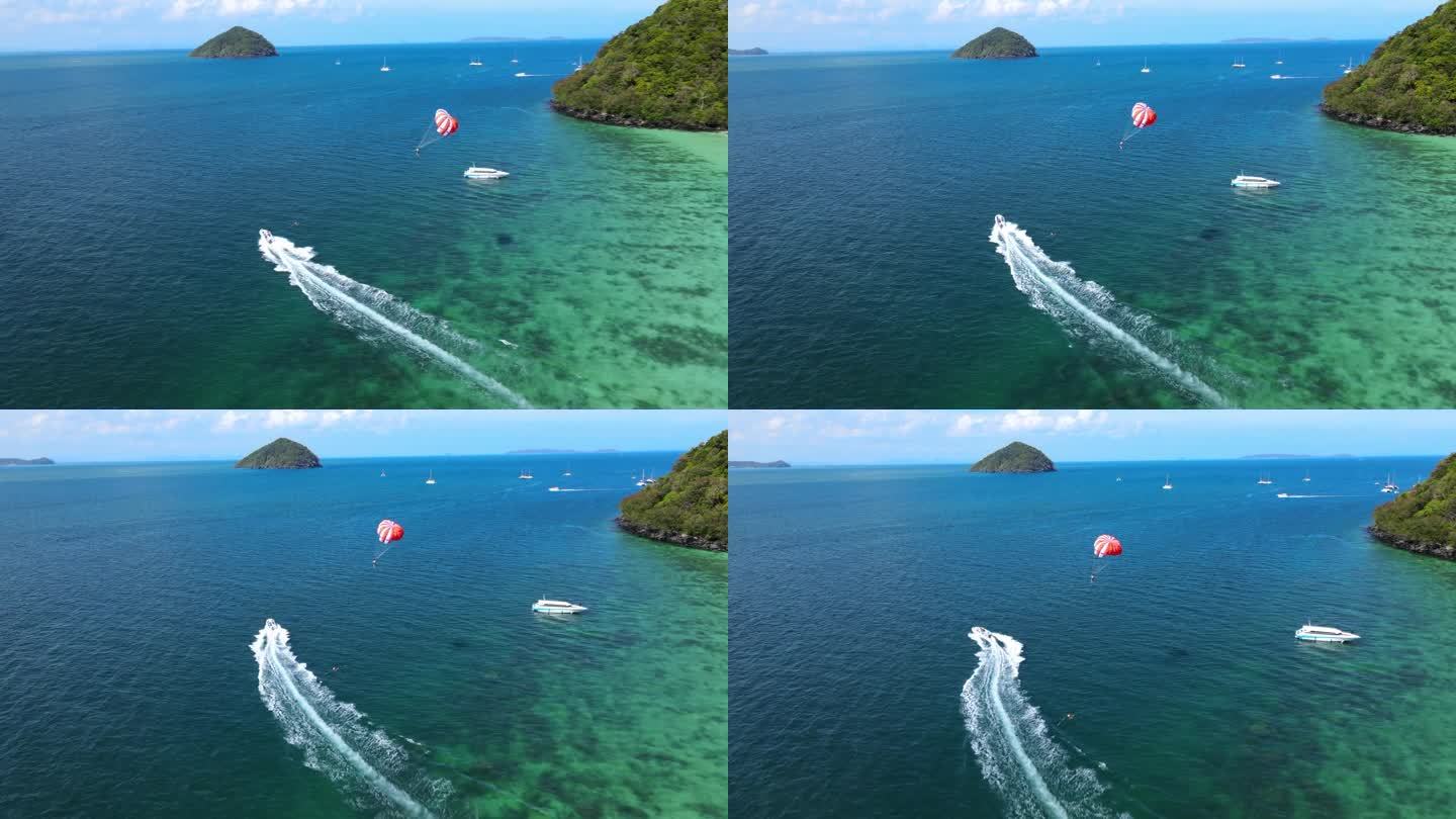 无人机滑翔快艇起飞的鸟瞰图。