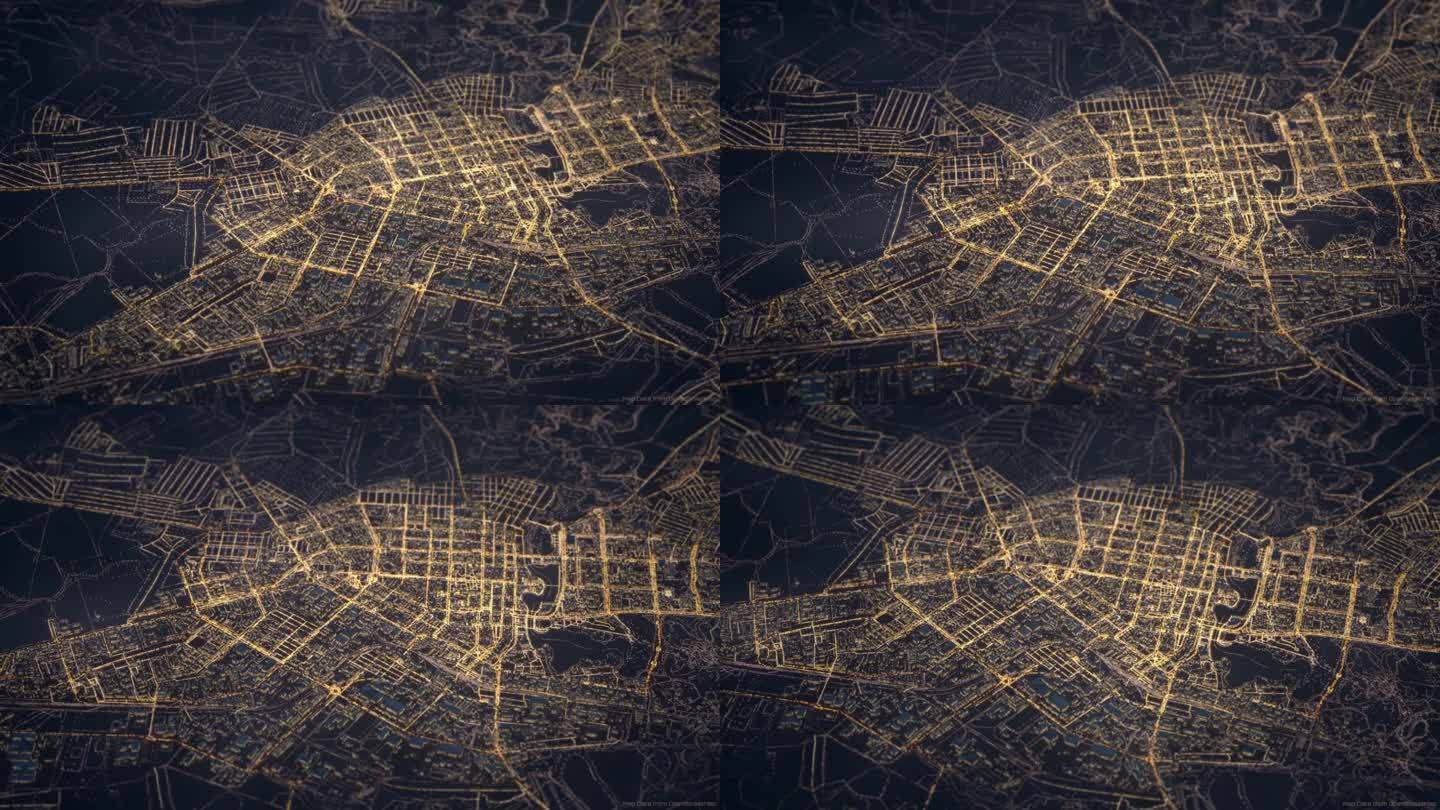 数字生成的视频，一个虚拟的城市地图与交通交通的道路在夜间