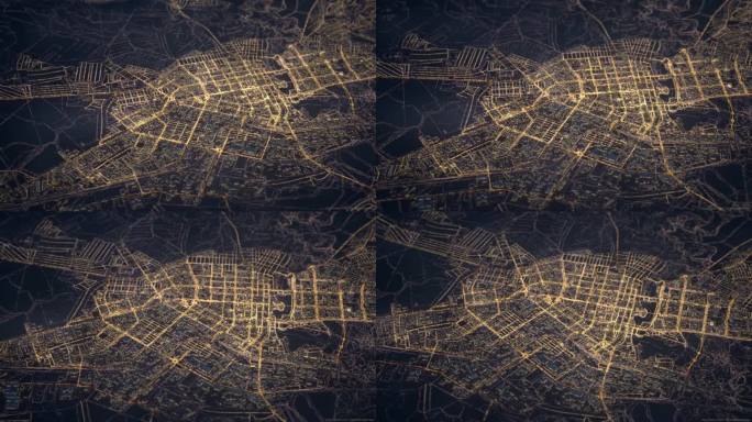 数字生成的视频，一个虚拟的城市地图与交通交通的道路在夜间