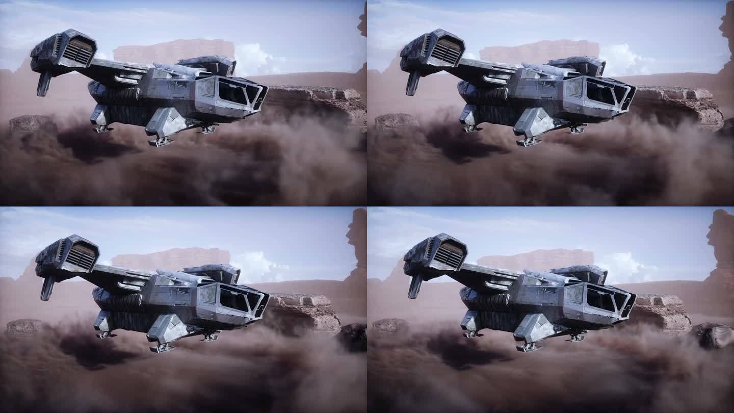 在外星星球火星上飞行的未来飞船。逼真的全高清动画。