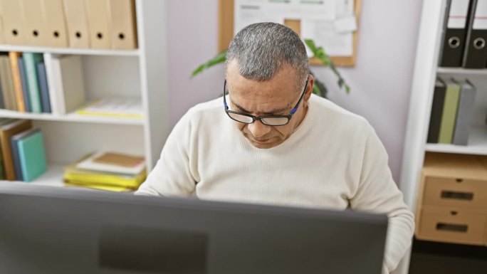 一名中年西班牙裔男子坐在办公室里盯着电脑屏幕，背景是书架和植物。