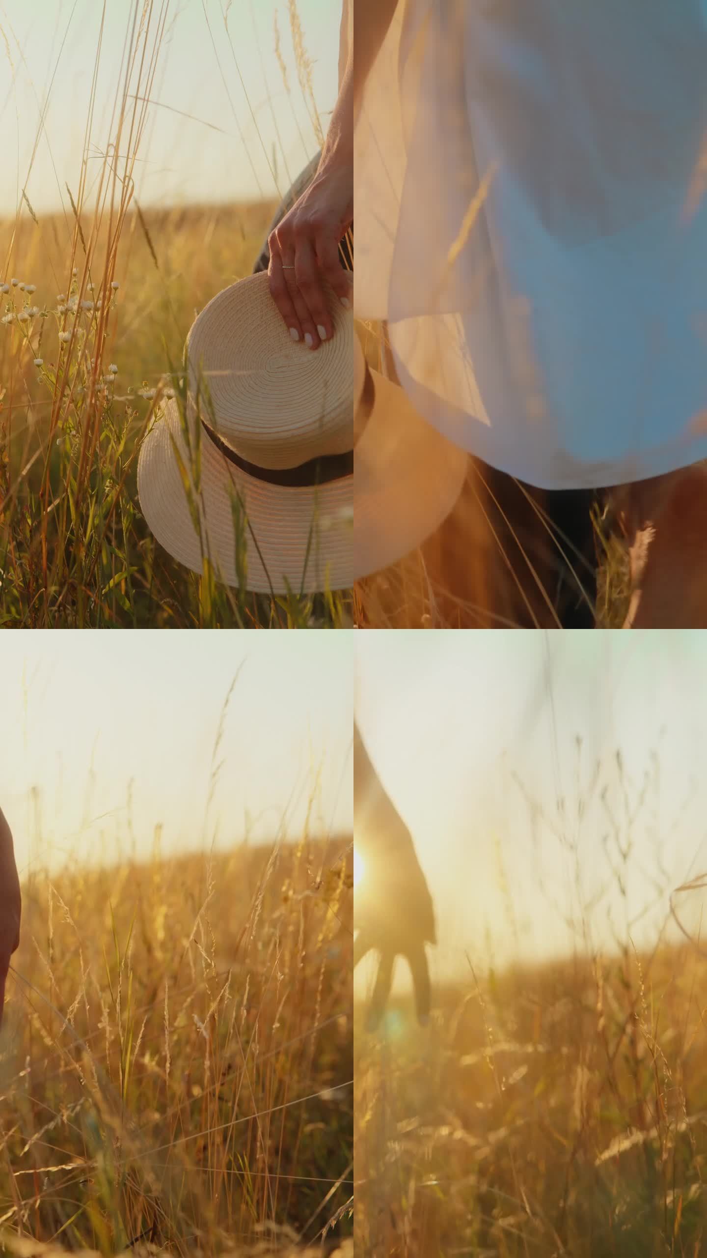 在阳光下拿着帽子走在阳光明媚的草地上的女人