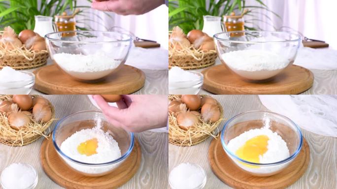 把鸡蛋加到面粉里，面粉是加面粉的原料。