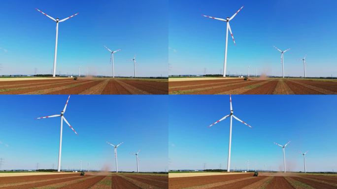 空中和谐运动:风力涡轮机和农民耕种田地从地面水平视图