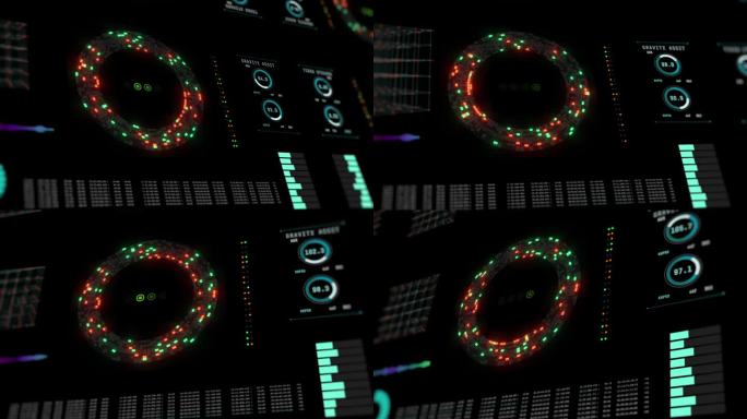 Hud -图形用户界面，科技圈运动图形风格的绿色，霓虹蓝和橙色在黑暗的背景与其他高科技元素。技术和未