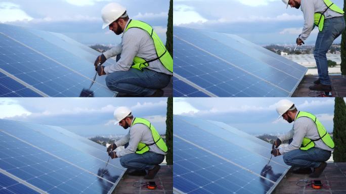 安装和维护太阳能电池板的工程师，可再生能源发电的概念，在蓝天背景下屋顶工作的专业技术人员;影印空间摄