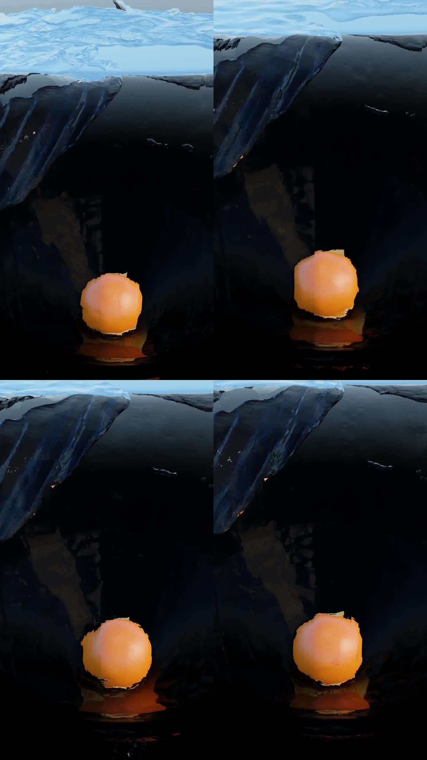 模拟水花飞溅和柑橘类水果穿过水下波浪和冰块到达深度的三维动画缩放和倾斜镜头运动