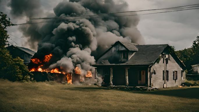 农村房屋燃烧着火火灾视频素材