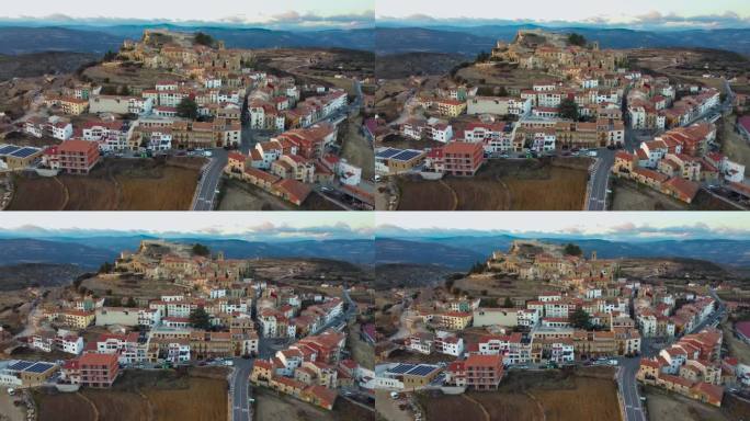 在西班牙Castellón的上梅斯特拉斯戈，一个叫Culla的山城上空的航拍视频