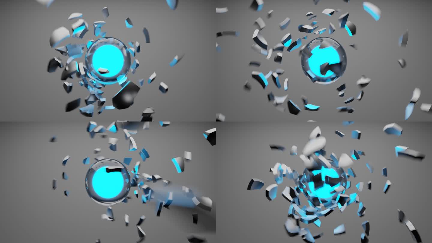 旋转的金属球碎成碎片。3D环形背景。