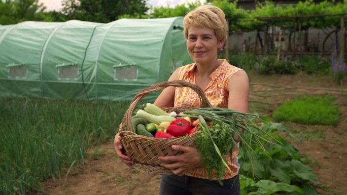 一个女人拿着一篮子蔬菜