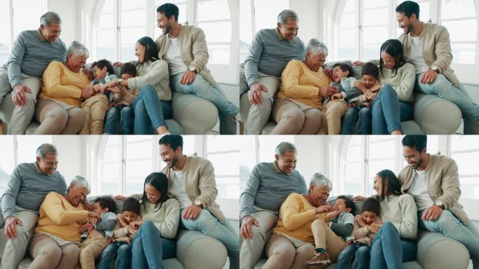 胳膊肘，沙发和家庭与孩子，祖父母和父母在一起的爱和关怀。客厅、沙发和老人与母亲、父亲和孩子与青年和幸