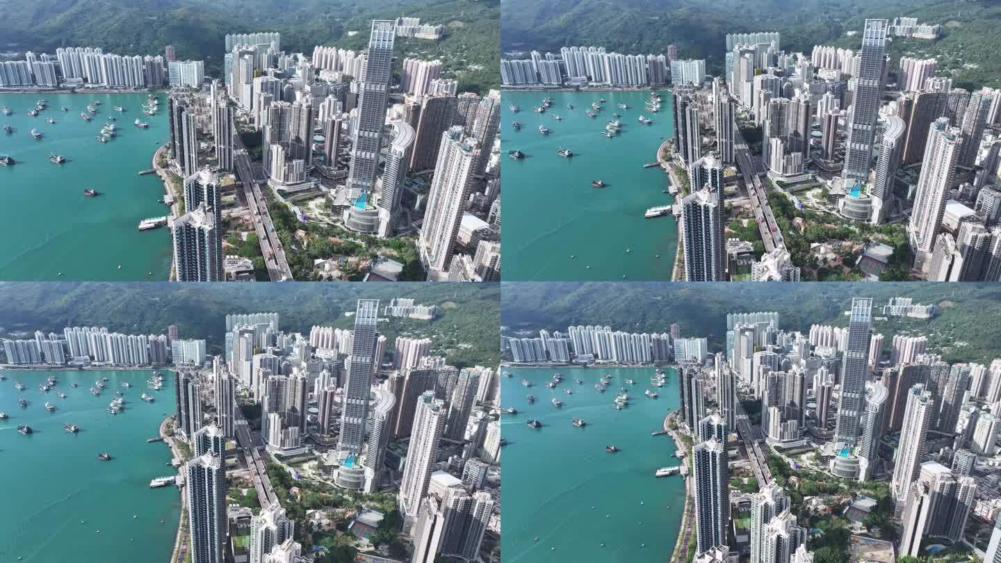 荃湾葵涌和青衣是一个商业和住宅的海滨卫星城，建在香港新界的一个海湾上，航拍无人机城市的天景