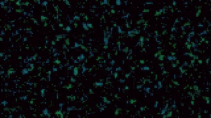抽象环辉光橙色，蓝色和绿色的数字点马赛克技术在黑色背景。4 k。