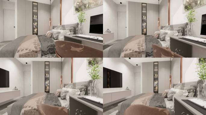一个豪华公寓的室内设计，一个现代的卧室在浅色和柔和的颜色，衣柜和化妆台。3 d视频。